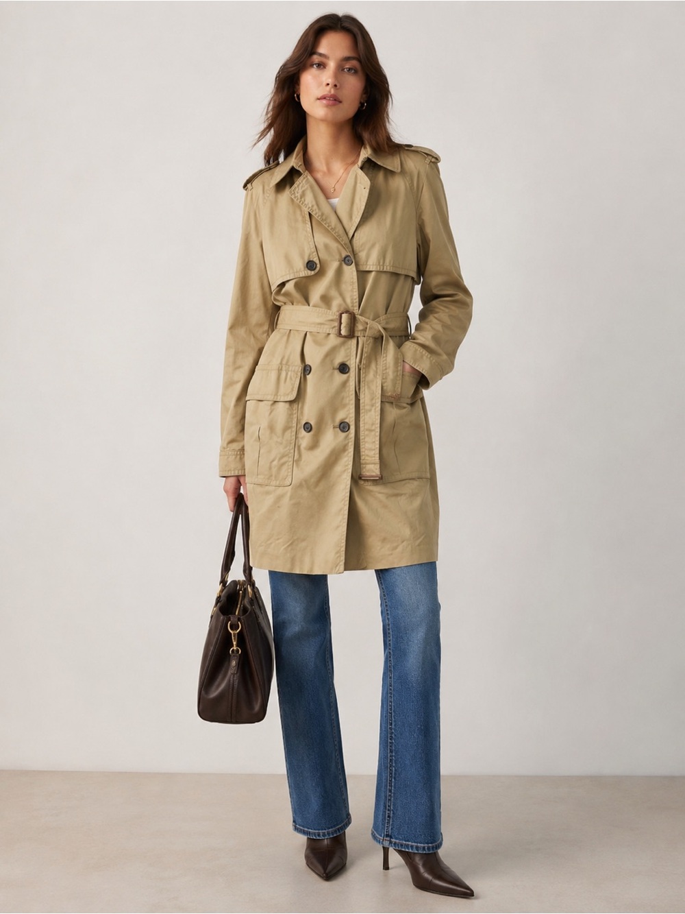 Authentic Coach Classic Cotton Trench Coat Khaki Tan Large Preppy Minimalist